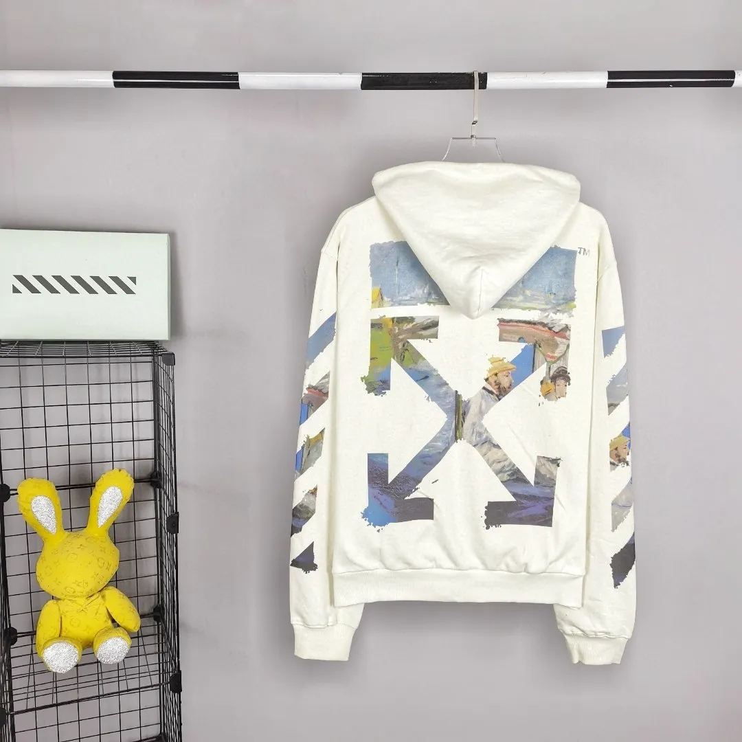The top tested version OFF WHITE OW, the timeless classic Monet oil painting watercolor graffiti hooded zipper pure cotton loose cardigan sweatshirt jacket for men and women couples, hot overseas style, the same upper body for celebrities, classic and beautiful oil painting style! World treasures, top famous paintings, walking works of art!  A good product starts with the fabric of the clothes. Our fabrics are pre-shrunk with epoxy water before leaving the fabric factory. After the fabrics are dried, they will have a light fragrance. Who can do this? The printing uses an imported 16-head white ink color drawing integrated direct printing machine + discharge dyeing process, which is completely consistent with zip. It effectively guarantees the perfect printing texture and visual effect. The multi-layered hollow points in the printing pattern are all manually modified, and the alignment is consistent to identify the first eye-catching point.   From the beginning of 2019 to now, a total of 100,000+ have been shipped. It can be said that this model is made to perfection. The basic purchase price for foreign purchasing agents is 50+, and the repurchase rate is 100%. The details, fabrics, and printing can be said to be completely restored, a true top version!  Let’s talk about the reason for 100,000+ sales! First, you can see the products we make, and all the identification details are in place. 1. The 4 hollow points on the printed character hat are identification details. During the scan, many manual modifications were required, and a hollow point was exposed, which was a fake at first glance. This is hollow, not black dot printing. 2. Printing is a combined process of discharge dyeing + direct injection! Both the black and white prints can be pulled apart, and the prints will not be damaged by loosening and rebounding. The dye is completely integrated into the fabric. 3. The fabric is 480 grams of custom-dyed fish scale terry cotton fabric, which has an excellent hand feel. 4. The collar label is embossed and has a hand-feeling effect! Definitely not an embroidery label, nor a blue label. 5. The tag rope is hung vertically from the collar. The rope is 120CM long, not a side rope. It is full of details. 6. Details, the main picture is actually shot. If you are worried about what you have seen, you can directly compare it with the pictures of my home and the official website. Fearless of all comparisons. 7. Customized pull tabs with engravings and hat rope bells with engravings! These are the details of the identification.   Size: XS-L Color: Black Off-White P:420